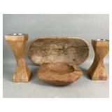 Grup of vintage wood bowls and candle holder