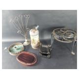 Iron stands, beer stein & copper handle holder