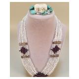 Garnet necklace, turquoise bracelet, opal earrings