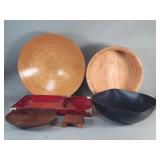 Group of wood bowls, red lacquer trays