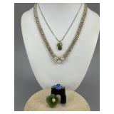 Rhinestone Necklace, Ladybug Jade Charm, Ring