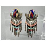 Zuni STC Signed Dangle Coral Turquoise Earrings