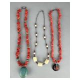 Silver Coral Turquoise Carved Bone Bead Necklaces