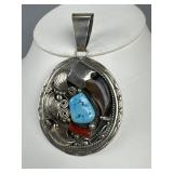 SS Signed Indian Bear Claw Turquoise Coral Charm