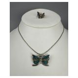 Silver Butterfly Turquoise Necklace, Abalone Ring