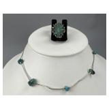 Silver Tube Bead Turquoise Accent Necklace & Ring