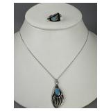 Silver Turquoise Bear Claw Charm Necklace & Ring