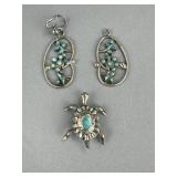 Silver Turquoise Cluster Earrings & Turtle Pin