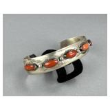 Sterling Silver Cabochon Red Coral Cuff Bracelet