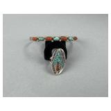 Silver Coral Turquoise Cuff Bracelet & Signed Ring
