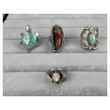 4 Silver Rings Turquoise Red Coral Mother of Pearl
