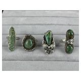 4 Silver Green Turquoise Rings - 1 is Signed