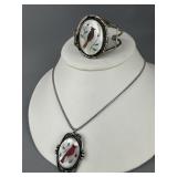 Silver Cardinal Inlay Bracelet and Necklace Set