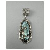 Carved Turquoise Silver Pendant Signed M. Bennett