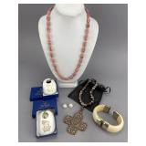 Rhodochrosite Bead Necklace, 2 Bracelets, Key Ring