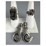 Silver Cat Earrings, Mask Ring, Nugget Coral Ring