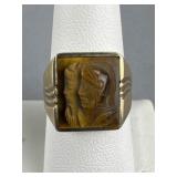 10K Gold Carved Tiger Eye Intaglio Signet Ring