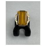 10K YG Tiger Eye with Diamonds Mens Ring