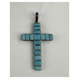 Signed J. Mahkee Zuni Silver Inlay Turquoise Cross