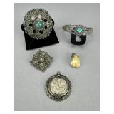 Quad Locket, Sanford Signed Cuff Bracelet, Pins