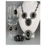 Mexican Silver Parure Set w/Carved Onyx Face Masks