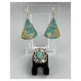 Pair Sterling Silver Turquoise Earrings & Ring