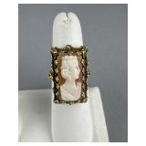 14K Yellow Gold Rectangular Shell Cameo Ring