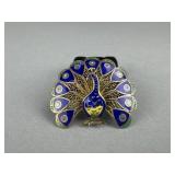 Signed HS Peacock Silver Filigree Enamel Inlay Pin