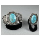 Sterling Silver Turquoise Cuff Bracelet Ring Set