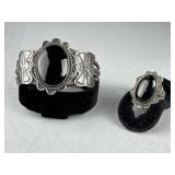 Silver Black Onyx Cuff Bracelet Ring Set