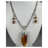 Silver Baltic Amber Pendant & Amber Drop Earrings