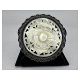 Silver 950 Carved Mother of Pearl Floral Brooch