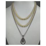 Silver Tear Drop Charm, Silver Faux Pearl Necklace