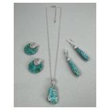 Silver Cable Necklace Turquoise Pendant, Earrings
