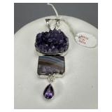 Sterling Arya Signed Druzy Amethyst Drop Pendant