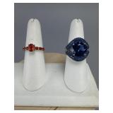 2 Sterling Silver Blue Orange Gemstone Rings