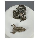 Sterling Turkey Pin and Signed V. Pond Duck Pin