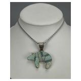Silver Rope Necklace Signed CJ Inlay Bear Pendant