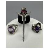 Silver Amethyst Rings, Scottish Thistle Like Pin