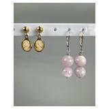 Silver Round Kunzite Drop and 14K Cameo Earrings