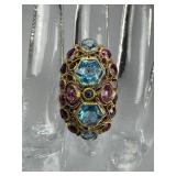 Gold Over Silver Red Pink Blue Glass Cluster Ring