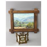 Framed Landscape Oil Painting and Brass Vanity Clo