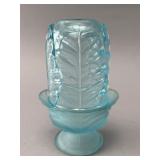 Blue Frosted Glass Leaf Motif Vase