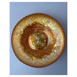 Marigold Carnival Glass Bowl with Floral Design