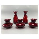 Five Red Glass Vases