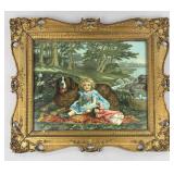 19th C. Chromolitho 'Wide Awake' Girl with Dog
