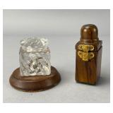 Lot of Two Inkwells: Glass and Wood