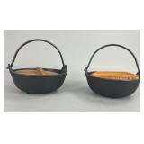 2 Ishigaki Cast Iron Pots with Wood Lids