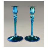 PR Steuben Blue Aurene #686 Twist Candlesticks 10'