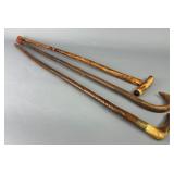 3 Wood Walking Sticks: Bone/Antler Handle, Masonic